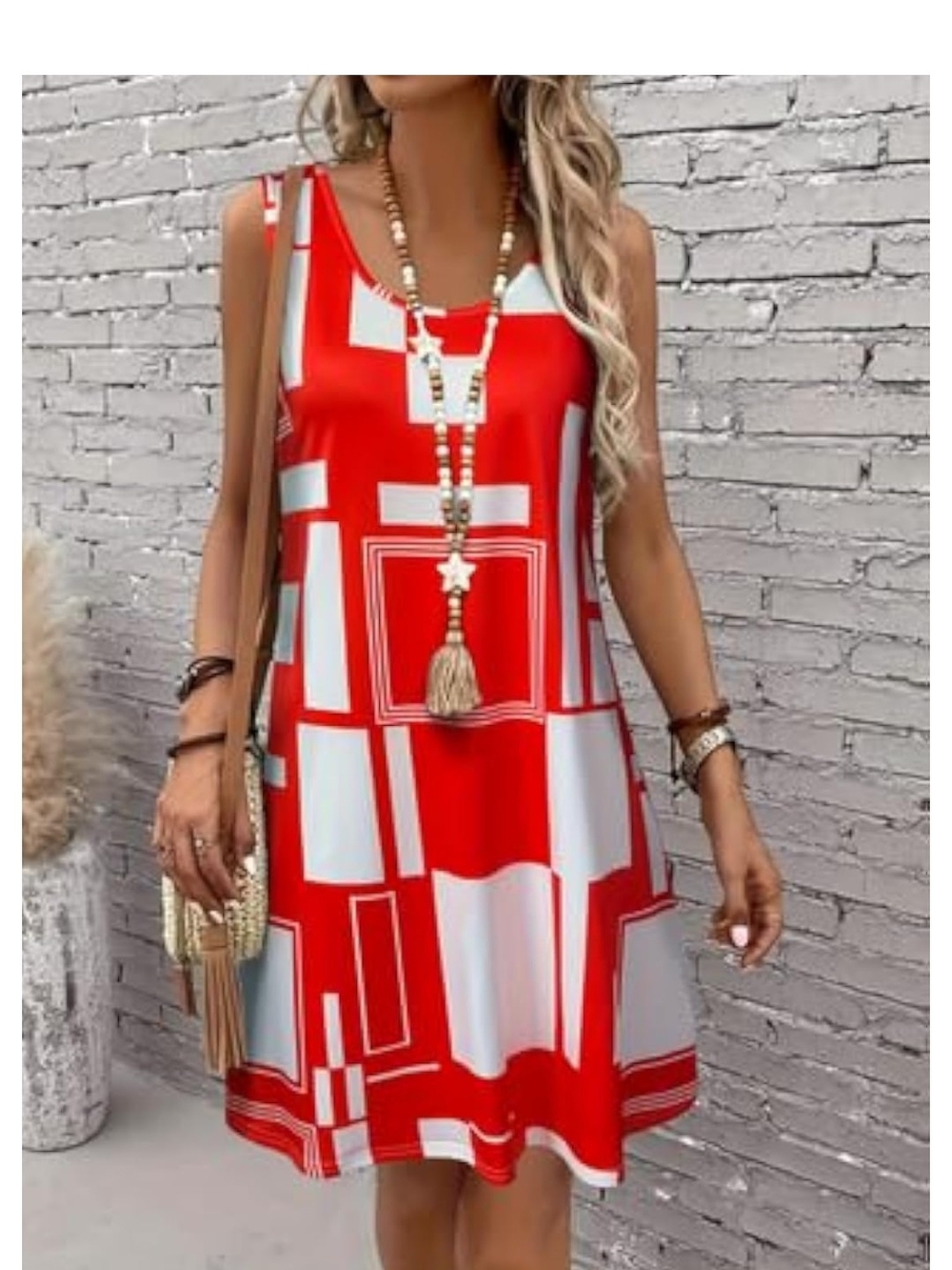 Red & White Geometric Sleeveless Shift Dress
